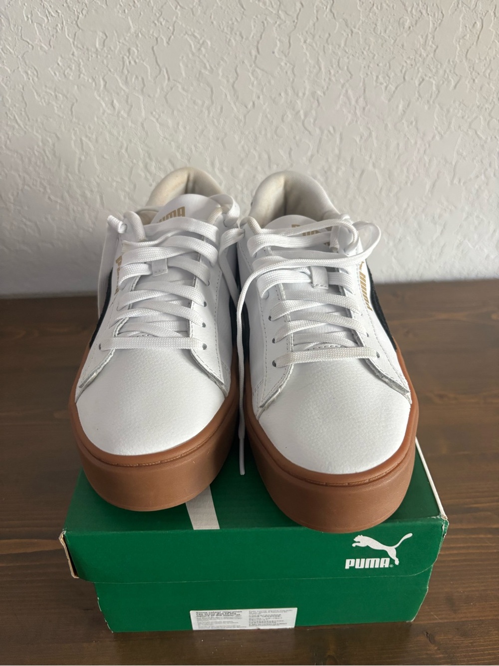 Puma White Leather Sneakers with Gum Platform Sole